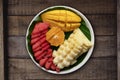 Top view fresh tropical fruits  on rustic wooden table Royalty Free Stock Photo
