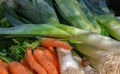 Top view on fresh leek and carrot on farmers market Royalty Free Stock Photo