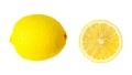 Top view of fresh yellow lemon fruit with half in set isolated on white background with clipping path Royalty Free Stock Photo