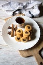 Top view of freshly baked cookies and coffee along