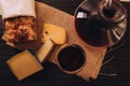 Top view of freshly baked Italian bread with cheese and a glass of wine put on the table Royalty Free Stock Photo