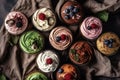 Top view of freshly baked sweet muffins, delicious dessert