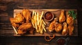 Top view of Fried in breaded chicken wings and french fries on wooden table. Generative Ai Royalty Free Stock Photo