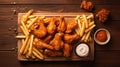 Top view of Fried in breaded chicken wings and french fries on wooden table. Generative Ai Royalty Free Stock Photo