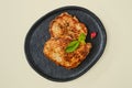 Top view of fried chopped pork tenderloin on a plate Royalty Free Stock Photo