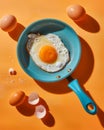 Top view of fried egg on a small frying pan near raw whole eggs and eggshells. Isolated on orange background with strong Royalty Free Stock Photo