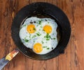 Top view of fried eggs in the frying pan Royalty Free Stock Photo