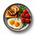 Top View of Fried Eggs with Toast and Cherry Tomatoes on Gray Plate Royalty Free Stock Photo