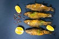 Top view of fried tench fish served with aromatic rosemary, lemo Royalty Free Stock Photo