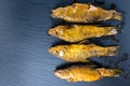 Top view of fried tench fish served on slate background, close u Royalty Free Stock Photo