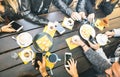 Top view of friends drinking cappuccino at coffee shop restaurant Royalty Free Stock Photo