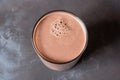 top view of a frosted glass of chocolate milk