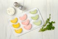 Top view of frozen colorful pelmeni with chicken and turkey ground meat Royalty Free Stock Photo