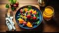 Top view of fruit and vegetable salads dish with orange juice drink on the wooden table in the modern kitchen. Generative AI