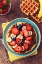 Top view fruit waffle with chocolate spread