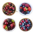 Top view. Fruits and berries in bowl isolated on white background. Ripe raspberries, blueberries, cherries, strawberries, blackber Royalty Free Stock Photo