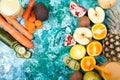 Top view of fruits, vegetables and detox juices Royalty Free Stock Photo
