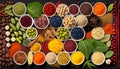 Top View of Fruits, Vegetables, Herbs, and Spices. AI Generative.