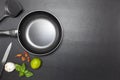 Top view frying pan on black leather table background Royalty Free Stock Photo