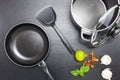 Top view frying pan and pot on black leather background Royalty Free Stock Photo