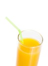 Top of view of full glass of orange juice with straw with space for text Royalty Free Stock Photo