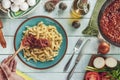 Top view of fusilli pasta with bolognese meat sauce Royalty Free Stock Photo