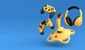 Top view gamer gears like joystick, headphones and controllers on blue