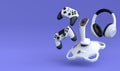 Top view gamer gears like joystick, headphones and controllers on violet