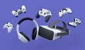 Top view gamer gears like joystick, headphones and VR glasses on violet