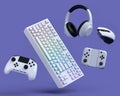 Top view gamer gears like joystick, keyboard, headphones and mouse