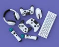 Top view gamer gears like joystick, keyboard, headphones and mouse