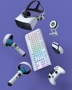 Top view gamer gears like joystick, keyboard, headphones and web camera