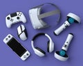 Top view gamer gears like joystick, mouse, headphones and VR glasses