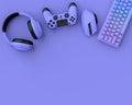 Top view of gamer gears like mouse, keyboard, joystick and headphones on purple