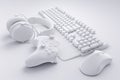 Top view of gamer workspace and gear like mouse, keyboard, joystick, headset Royalty Free Stock Photo