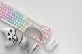 Top view of gamer workspace and gear like mouse, keyboard, joystick, headset Royalty Free Stock Photo