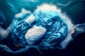 top view of garbage bags floating on blue ocean waves. Generative AI, Generative, AI Royalty Free Stock Photo