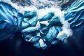 top view of garbage bags floating on blue ocean waves. Generative AI, Generative, AI Royalty Free Stock Photo