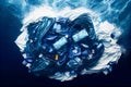 top view of garbage bags floating on blue ocean waves. Generative AI, Generative, AI Royalty Free Stock Photo