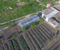 Top view of the garden with a greenhouse made of polycarbonate Royalty Free Stock Photo