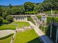 A top view on the garden of Miramare caste at the seaside of Adriatic sea. A beautiful garden with high trees and green grass is