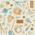 Top view gardening icon seamless pattern set. Collection of useful horticulture tools spade, hat etc.