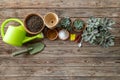 Top view of Gardening tools, watering can, seeds, plants and soil on vintage wooden table. Set Of Tools For Gardener And Flower Royalty Free Stock Photo