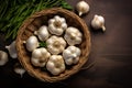 Top view of garlic in wooden wicker basket. Generative AI