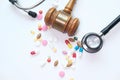 Top view of gavel, stethoscope and pill on white