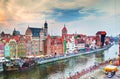 Top view on Gdansk old town and Motlawa river, Poland at sunset.