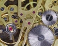 Top view gears of a golden mechanical pocket watch, mechanism of a clock