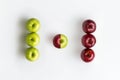 Top view of genetically modified red and green apples