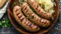 Top view of german bratwurst sausages with ssauerkraut Royalty Free Stock Photo