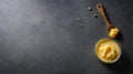 Top View of Ghee Butter in Glass Bowl with Wooden Spoon, Copy Space